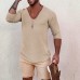 Men's Deep V Neck Breathable Linen Cotton Mid Sleeve T-Shirt