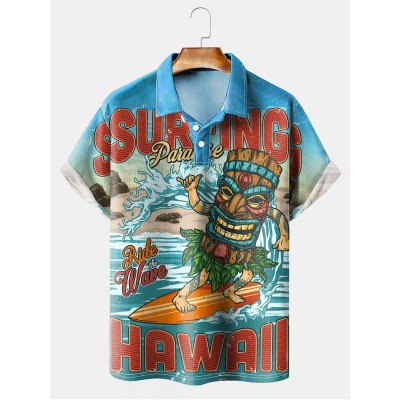 Men's Vintage Colorful Surf Big Tiki Mask Short Sleeve Polo Shirt