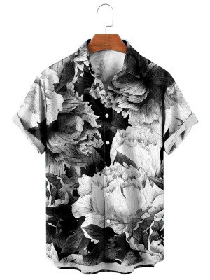 Men's Vintage Black and White Large Floral Mural Print Short Sleeve Shirt